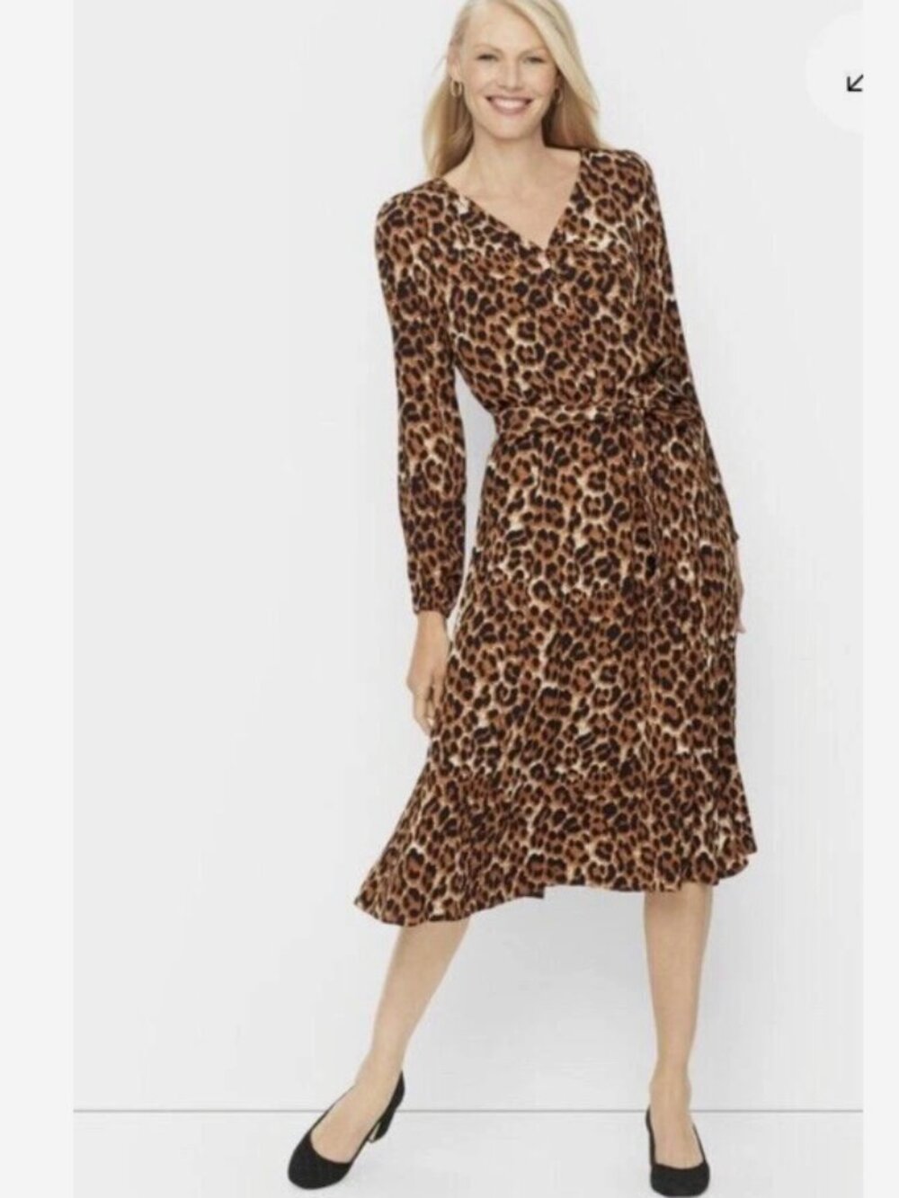 Talbots Leopard Midi Dress Size 14 Elastic Tie Waist Viscose Long-Sleeve Brown